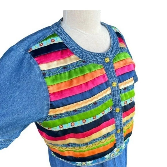 Vintage 90s Country Casuals Embroidered Love Dove Ribbon Denim /jean Maxi Dress - Picture 6 of 12